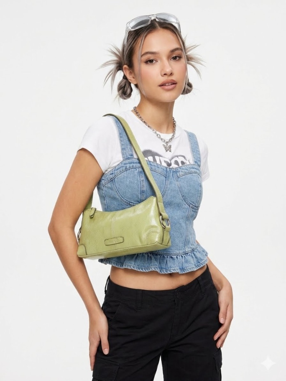 Nine & Co Vintage Lime Green Crinkle Leatherette Baguette Y2K Shoulder Bag Purse